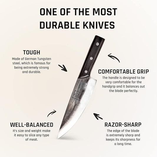 COOLINA Altomino Tungsten Steel Slicing Knife, 7.1-in Japanese Traditional Chef, Forged Hammered Kitchen Knife, Outdoor Cooking Hunting Survival Knives