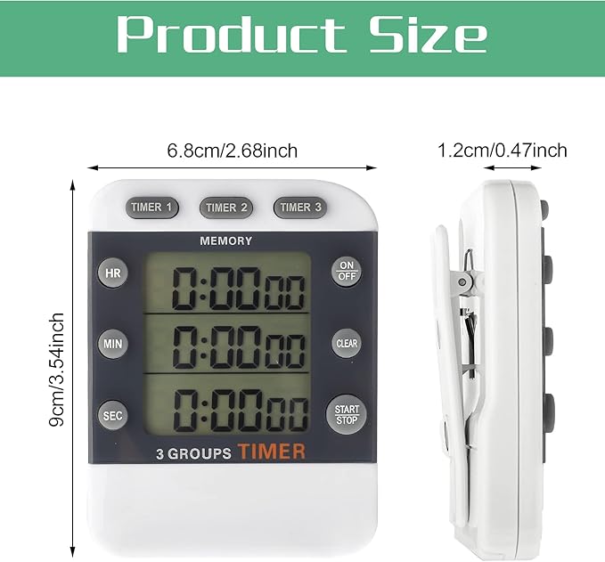 Photect 2-Piece Digital Dual Kitchen Timer, 3 Channels, Count UP/Down, Cooking Timer with Magnetic Back, Loud Alarm, Large Display, Countdown Hour Meter for Cooking, Classroom, Kids, Teacher, Study