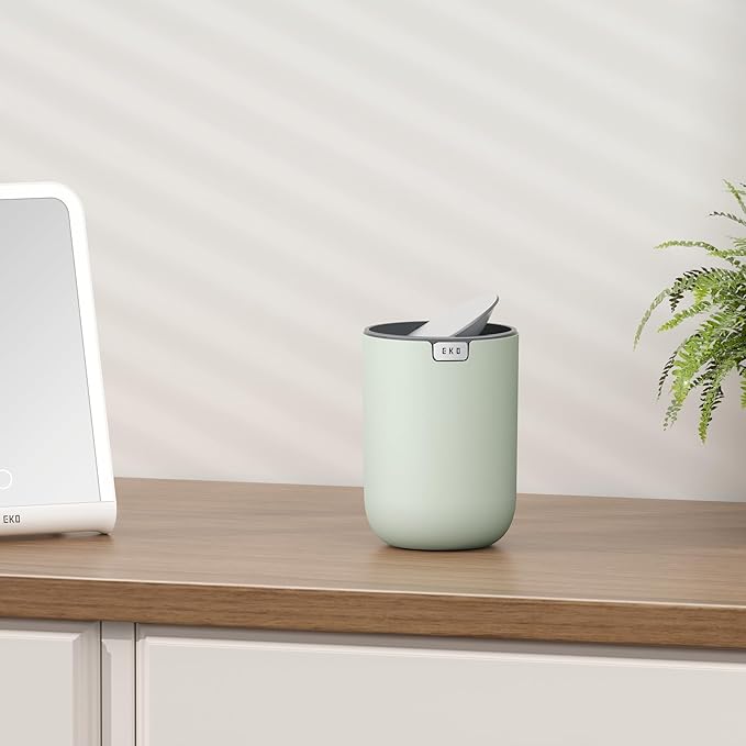 EKO Mini Desk Trash Can with Swing-Top Lid 0.4 Gallon Small Table Round Wastebasket for Office, Home, Car (Sage)