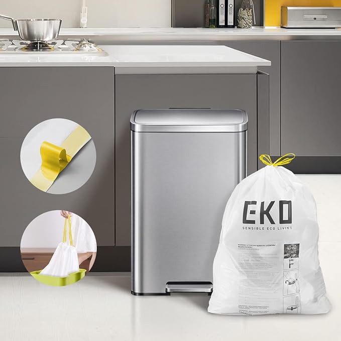 EKO 13 Gallon / 40-60 Liter, 60 Count Drawstring Trash Bags, Extra-Strong Unscented Garbage Bags, Easy-Dispense Roll for Kitchen & Household Use, Leak-Resistant, Code F, White