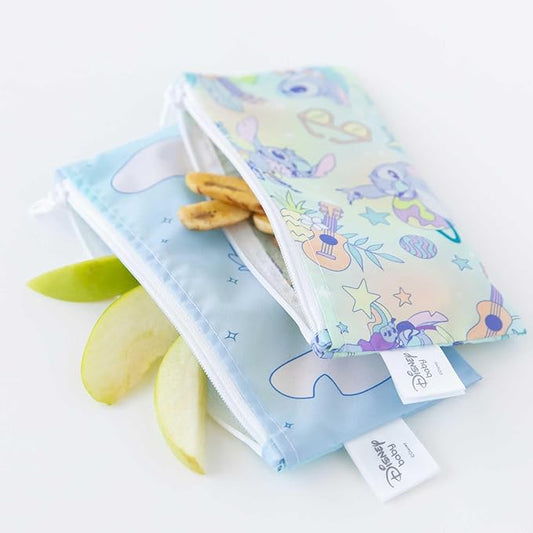 Bumkins Reusable Snack Bags, for Kids School Lunch and for Adults Portion, Washable Fabric, Waterproof Cloth Zip Bag, Supplies Travel Pouch, Food-Safe Storage, 2-pk Disney Stitch