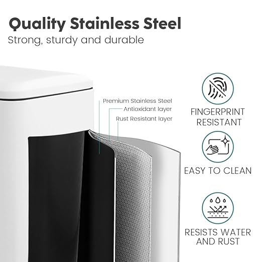 8-Gallon Trash Can, 30 Liter Stainless Steel Garbage Can, Round Trash Can with Lid, Slim Garbage can Featuring a Removable Inner Liner (White, 30L-Square)