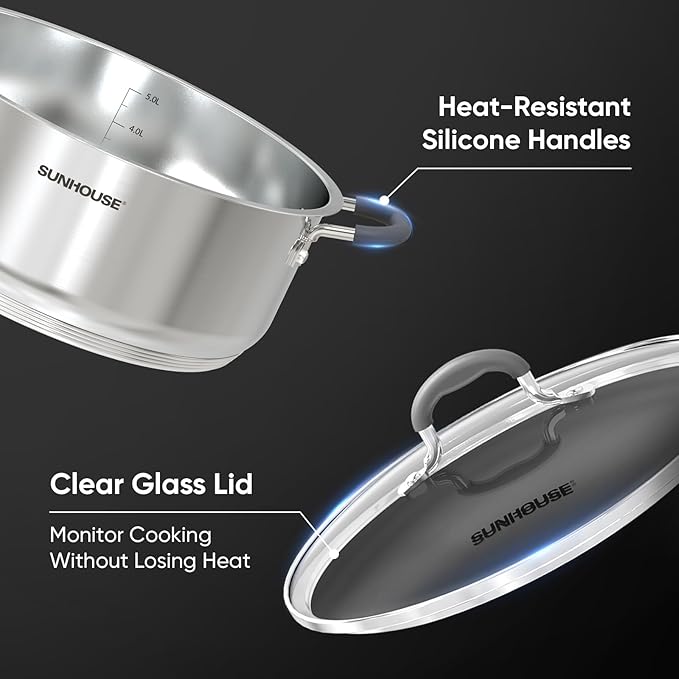 SUNHOUSE - 5.5 Quart Steamer Pots With Lid 2-Tier Multipurpose Stainless Steel Steaming Pot Cookware With Handle For Vegetable, Dumpling, Sauce, Food - Triple Bottom, Measurement Line