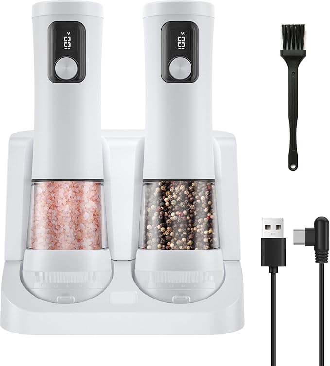 Electric Salt and Pepper Grinder Set,2 Pack Rechargeable Automatic Pepper Mill,with Charging Base,5 Level,Display,LED Lighting,Large Capacity,Kitchen Gift (2, White, Charging Base)