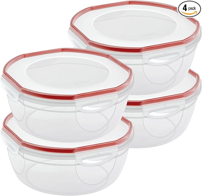 Sterilite Ultra-Seal 4.7 Qt Bowl, Large Airtight Food Storage Container, Latching Lid, Microwave and Dishwasher Safe, Clear With Red Gasket, 4-Pack