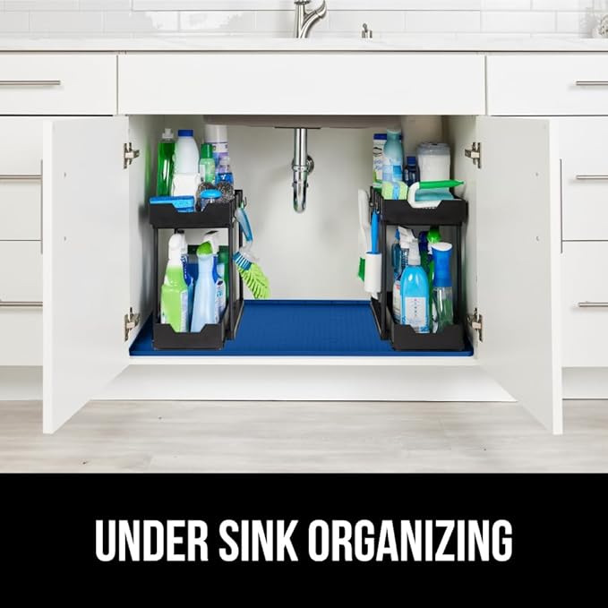 GORILLA GRIP Waterproof Silicone Under Sink Mat with Raised Lip for Kitchen and Bathroom, Cabinet Shelf Liner Stay in Place Mats Dishwasher Safe Drawer Liner, Organizer Tray, 19 x 34 in, Blue
