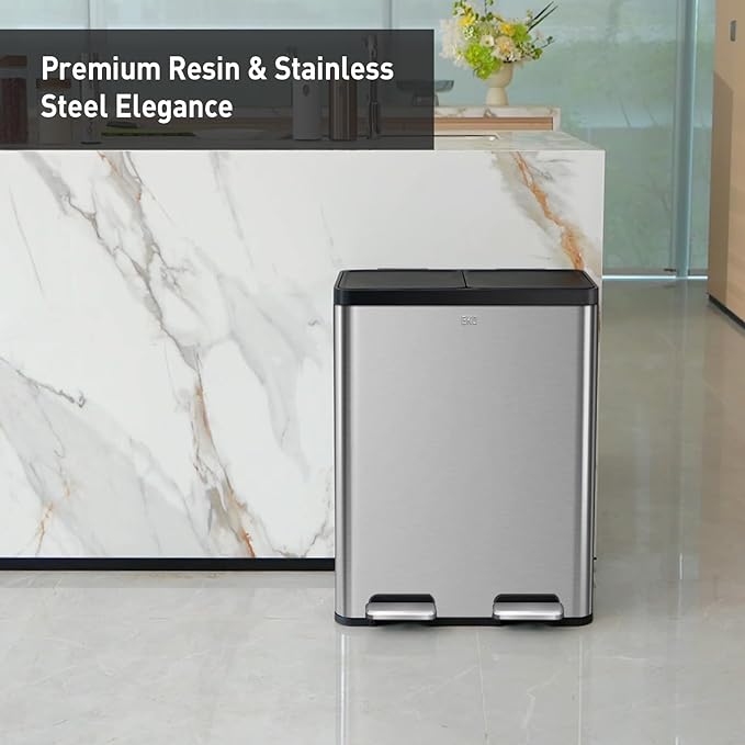 EKO Essential 8+8 Gallon Dual Trash Can, Kitchen Step Recycle Trash Can with Dual Removable Bucket, Independent Lids and Pedals, Brushed Stainless Steel
