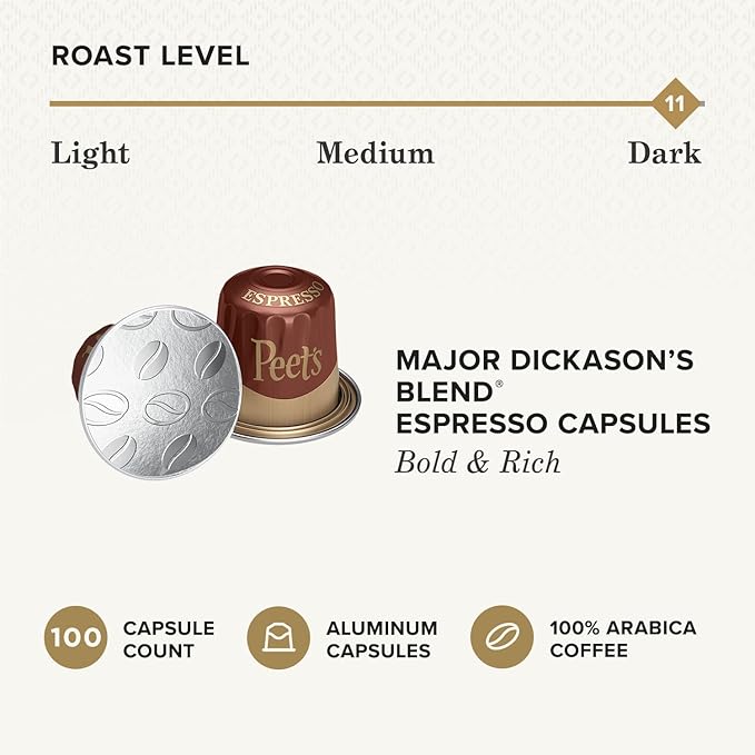 Peet's Coffee, Dark Roast Espresso Capsules, Compatible with Nespresso Original Machines - Major Dickason's Blend, Intensity 11, 100 Count (10 Boxes of 10 Espresso Capsules)
