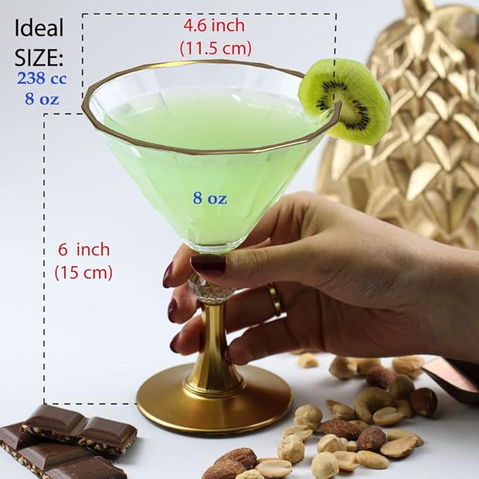 Gold Rim Crystal Martini Cocktail Glasses Glassware Drinkware Rimmed Drinking Trim Fancy Set of 6 Coupe Plated Glass Christmas Stem Stemmed Style Unique Bar Drink Handmade Holiday Luxury