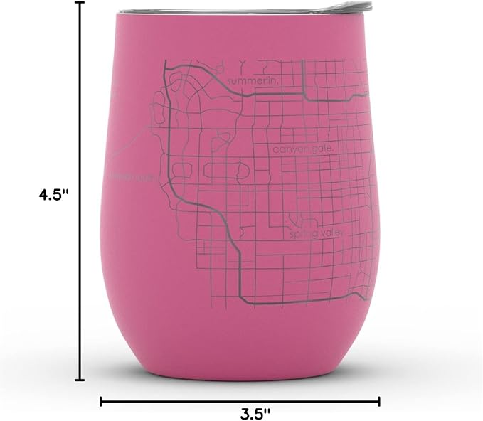 Well Told Engraved Las Vegas Nevada Map Insulated Wine Tumbler, Etched Stainless Steel Cup (12 oz, Sunset Pink) City Map Insulated Tumbler, Custom Insulated Tumbler, Outdoor Drinkware