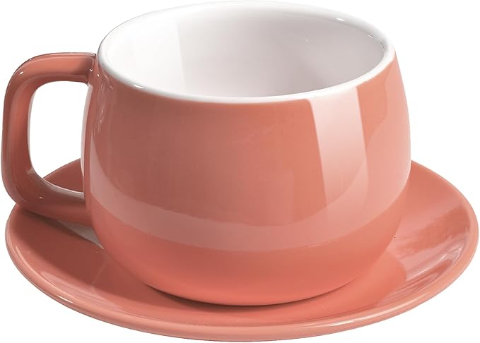 Porcelain Coffee Cup with Saucer 270ml/9oz, Minimalist Design, Perfect for Latte, Cappuccino, and Tea, Pink