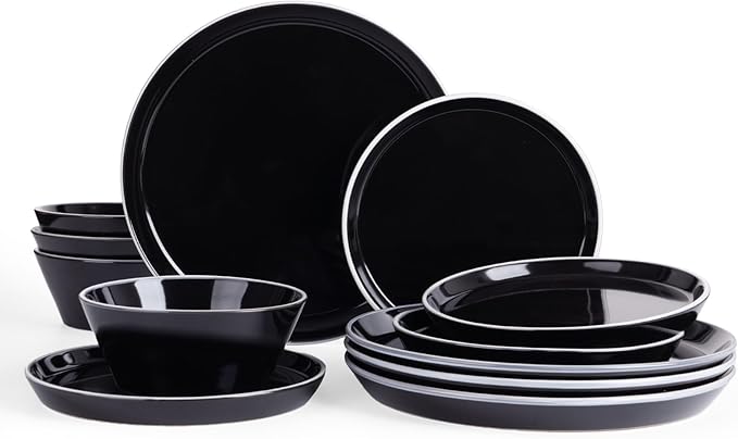 Famiware Saturn Dinnerware Sets, Plates and Bowls Sets for 4, 12 Pieces Stoneware Dish Set - Chip and Scratch Resistant, Microwave and Dishwasher Safe Tableware Set, Black with Rim