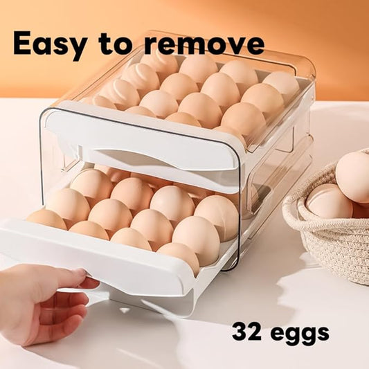 Egg Drawer for Refrigerator 32 Eggs, 2 Tier Clear Stackable Egg Holder with Drawer for Fridge, Drawer Type Egg Storage Box, Egg Tray Countertop (White)