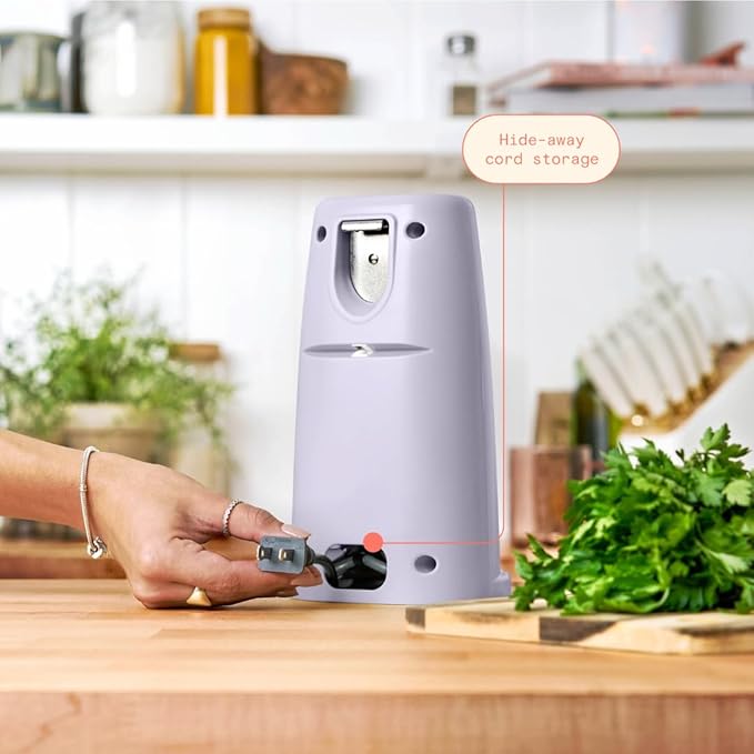 Beautiful Electric Can Opener with Auto-Turn, Magnetic Lid Holder, Knife Sharpener, Bottle Opener, Removable Lever, Cord Storage, No-Tilt Base, Stainless Steel Blade, 70W (Lavender)