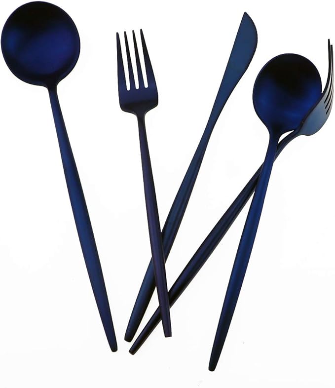 Matte Blue Gugrida 5-Piece 18/10 Stainless Steel Silverware Set, Satin Finish Flatware, Kitchen Utensils, Tableware Travel Cutlery for Camping, Office or School Lunch, Dishwasher Safe