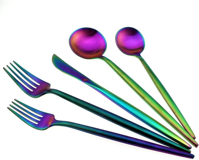 JASHII 18/10 Stainless Steel 20-Piece Matte Rainbow Colorful Flatware Set,Dinner Knife Fork Salad Fork Dessert Spoon, Service for 4, Luxury Silverware Cutlery Utensil Sets
