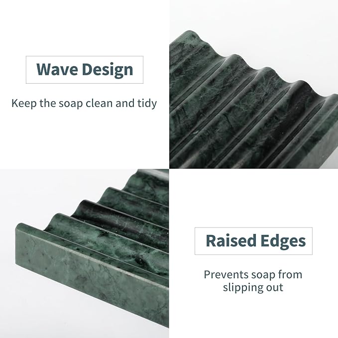 Marble Soap Dish, Soap Holder for Shower, Green Bar Soap Holder with Water Ripple Design, Easy Cleaning Stone Soap Saver for Kitchen Sink,Bathroom, Executive Indian Natural Stone Soap Tray