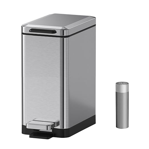 Mbillion Bathroom Trash Can with Lid Slim Stainless Steel Small Bathroom Garbage Can 10 Liter, 2.6 Gallon Soft Close, Step Pedal, Slim Wastebasket for Toilet, Office, Bedroom, Brushed Silver