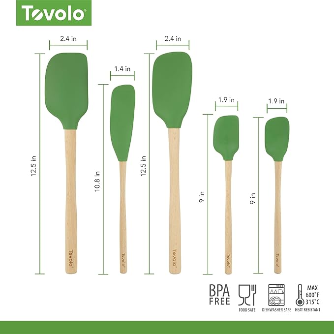 Tovolo Silicone Spatula with Wooden Handle Set of 5 Piece Silicone Kitchen Utensil Set Spoonula Jar Scraper Mini Spatula and Spoonula for Cooking Baking Mixing Folding Pesto Green