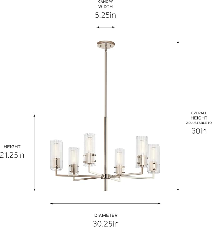 KICHLER Velestino 30.25" 6 Light Chandelier in Polished Nickel, for Foyer, Dining Room, Living Room, Bedroom, (21.25" x 30.25") 52679PN