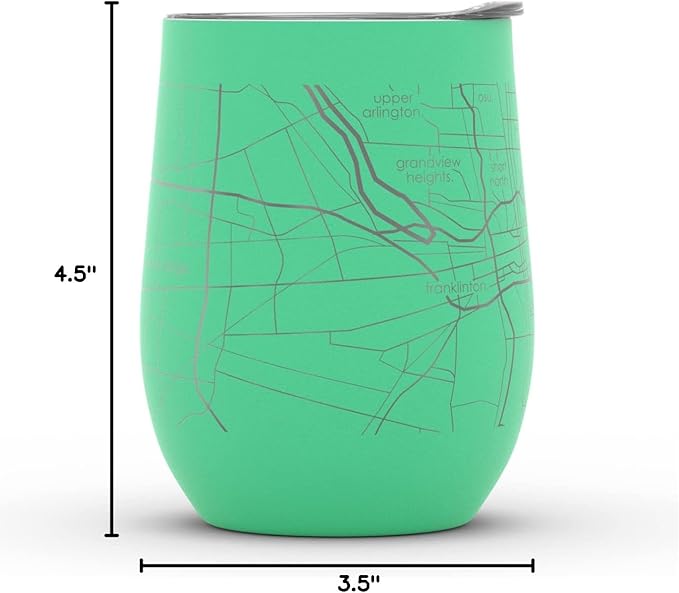 Well Told Engraved Columbus Ohio Map Insulated Wine Tumbler, Etched Stainless Steel Cup (12 oz, Sunday Green) City Map Insulated Tumbler, Custom Insulated Tumbler, Outdoor Drinkware