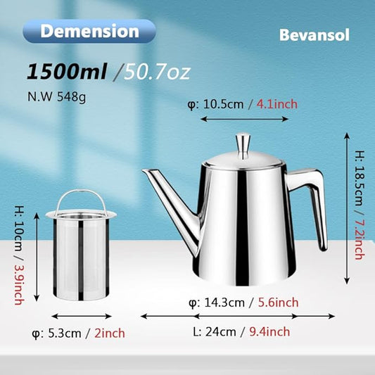 304 Stainless Steel Teapot Long Strain Large Capacity Teapot with Infuser and Removable Filter for Home Restaurant Office Dinnerware Accessories Drinkware Item (1500ml)