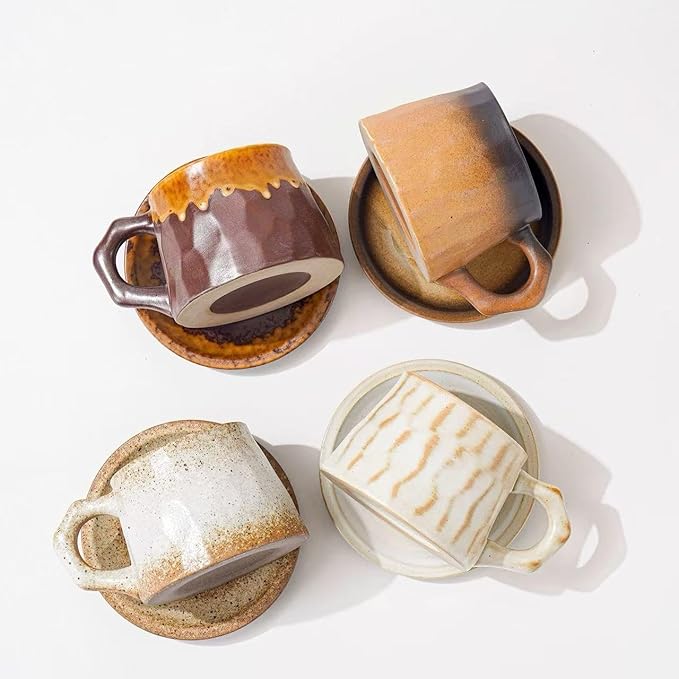 10oz Unique Vintage Retro Handmade Ceramic Cappuccino Barista Cup with Saucer –Rustic Stoneware Coffee Mug, Lead-Free Latte Art Mug,Handmade ceramic cappuccino cups or tea cup, Brown