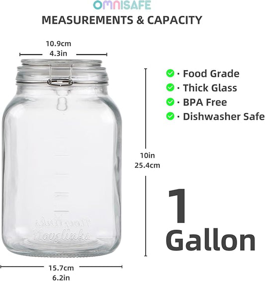 2 Pack 1 Gallon Glass Mason Jars, Super Wide Mouth Heavy Duty Jar with Airtight Lid, Large Capacity Glass Container with Silicone Gasket-Extra Tag for Kitchen (Glass Lid)