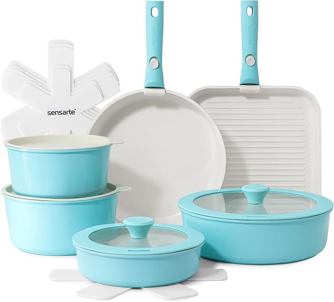 SENSARTE 17 Piece Ceramic Pots and Pans Set, Nonstick Detachable Handle Cookware, Induction Kitchen Cookware Set with Removable Handle, Dishwasher & Oven Safe (Turquoise)
