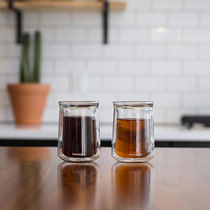 ovalware Double Wall Single Lip Insulated Glass Cup, Set of 2 (12oz / 350ml) - Borosilicate Glass For Coffee, Tea, Whiskey, Cocktails & All Beverages - Minimalistic & Durable Double-Wall Drinking Mug