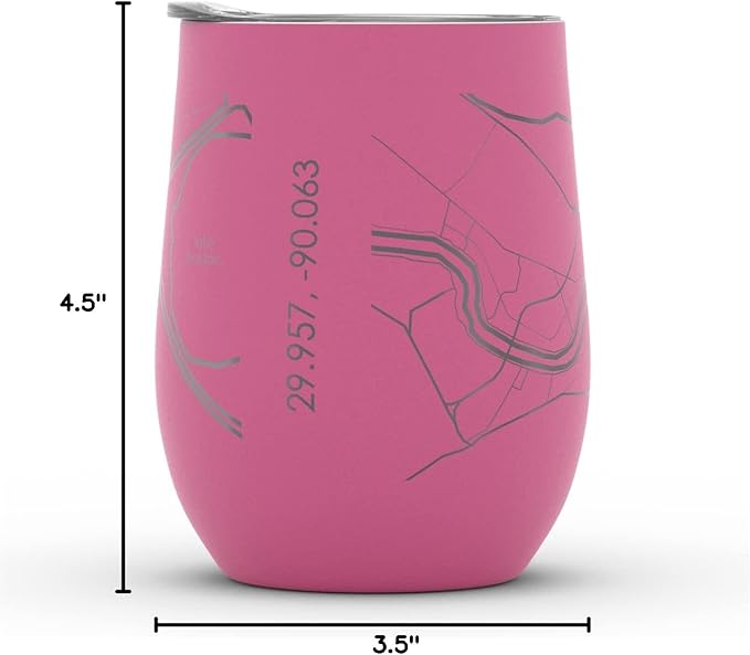 Well Told Engraved New Orleans LA Map Insulated Wine Tumbler, Etched Stainless Steel Cup (12 oz, Sunset Pink) City Map Insulated Tumbler, Custom Insulated Tumbler, Outdoor Drinkware