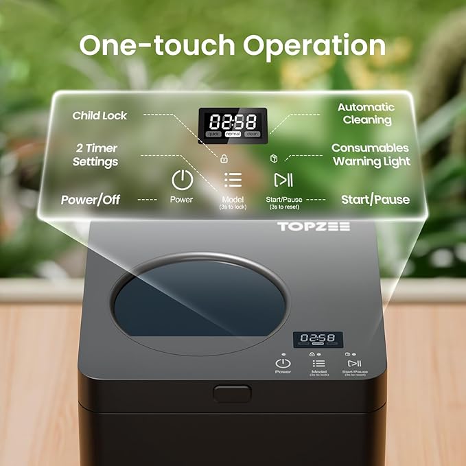 TOPZEE Electric Compost Bin for Kitchen - 3L Countertop Composter with Odorless Auto-Cleaning, Turns Food Waste to Fertilizer in 4 Hours, for Indoor Home Use, Black