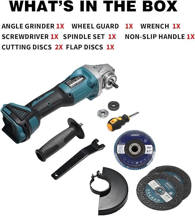20V Cordless Angle Grinder, 4" and 4-1/2" Electric Angle Grinder Kit, 8500RPM Power Grinder Brushless Motor for Cutting/Sharpening/Removing Rust -JOVANT (No Battery)