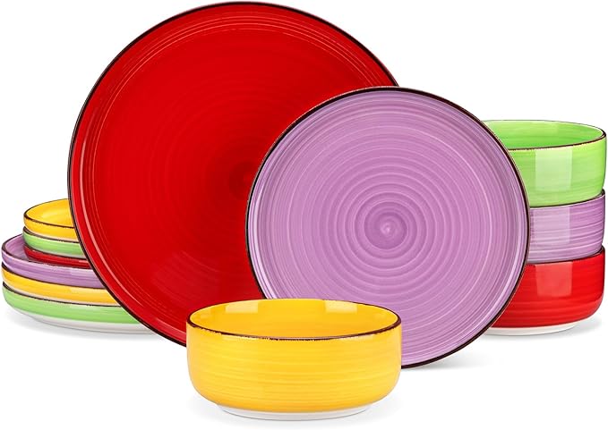 vancasso Bonita Stoneware Dinnerware Sets, 12 Pieces Dishes Set,Polished Round Plates and Bowls Set for 4, Dishwasher and Microwave Safe, Multicolor