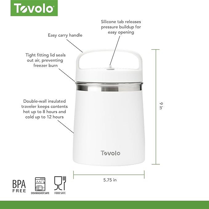 Tovolo 2 Quart Stainless Steel Traveler, Double-Wall Vacuum-Insulated Food Container, 2 Qt. Food Storage & Ice Cream Container, Easy-Carry Handle, Travel Mug for Hot Food & Cold Ice Cream, White