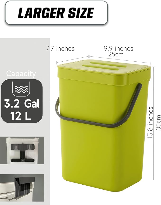 Kitchen Compost Bin - 3.2 Gallons Hanging Trash Can with Lid for Kitchen Bathroom, Under Sink Trash Can, Outdoor Compost Bucket with Lid, 12L(Lime Green)