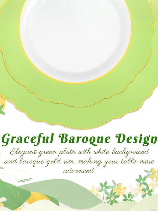 WDF 150Pcs Green Plates Disposable - Baroque Green and Gold Plates - 25Guest Plastic Dinnerware Ideal for Party/Spring/Picnic