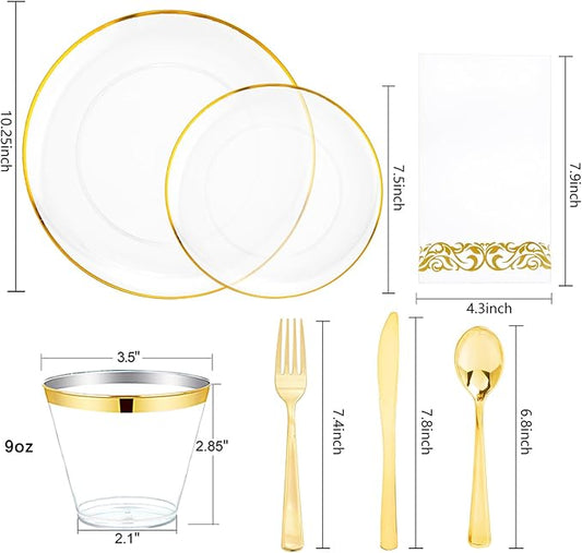 NOCCUR 350PCS Clear and Gold Plastic Plates - Gold Disposable Plastic Dinnerware Set for 50 Guests Include 100 Plastic Plates, 150 Gold Cutlery, 50 Cups&50 Napkins Idea for Party/Christmas