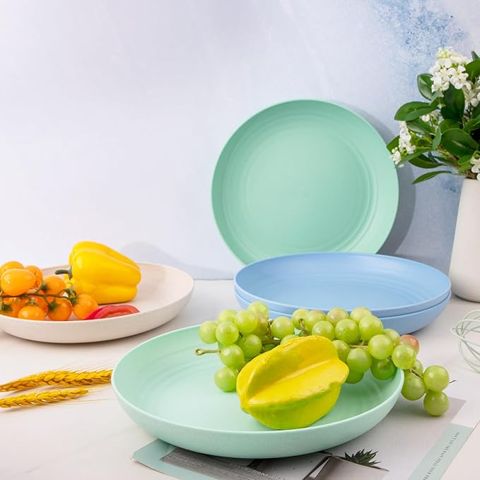 supernal 16pcs 10" Wheat Straw Plates,Deep Dinner Plates,Unbreakable Dinner Plates,Plastic Plates Reusable,Lightweight Microwave Dishwasher Safe-Beige,Blue,Pink,Green for Picnic,Birthday,Camping