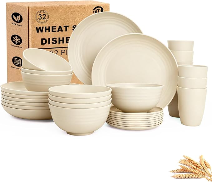 Wheat Straw Dishes Set Service for 8, Reusable Plastic Dinnerware Set 32 PCS, Kitchen Plates and Bowls sets, Unbreakable Microwave and Dishwasher Safe Camping Dishes for RV, Outdoor - Beige