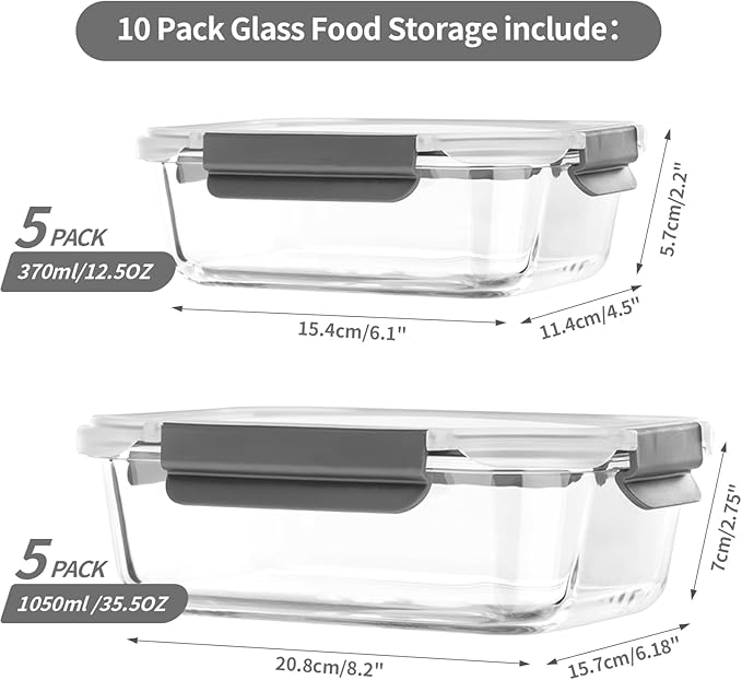 [10 pack Glass Meal Prep Containers with Lids, Glass Food Storage Containers with Snap Locking Lids for Food, Bpa-free, Easy to Open& Close/Microwave,Oven,Freezer,Dishwasher Safe/Leak-Proof