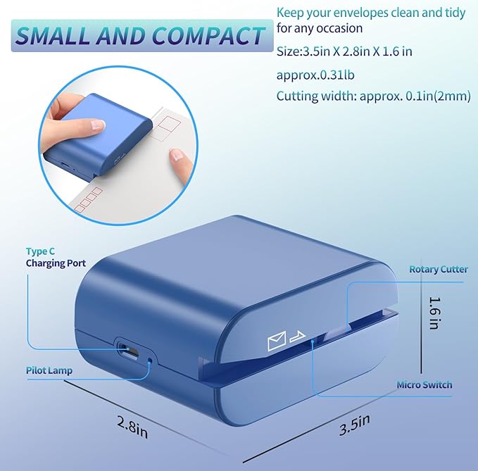 Rechargeable Electric Letter Opener - Automatic Letter Opener Envelope Slitter, Electric Letter Opener Envelope Slitter for Universal Mail and Envelopes,Blue