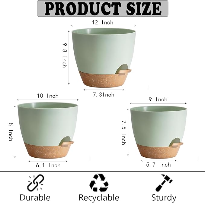 Indoor Pot For Plants 3 Pack 12/10/9 Inch Self Watering Pot For Lazy People,Self Watering Pots For Indoor Plants,Outdoor Pots For Succulent, African violets And Cactus Green Plastic Flower Pots