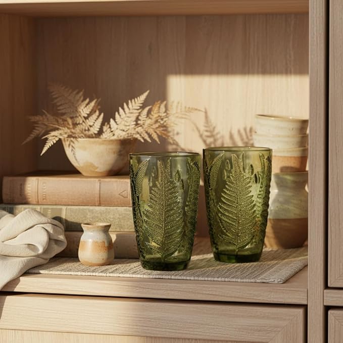 Green Drinking Glasses Set Of 4-12 Oz Hand Blown Vintage Drinking Glasses, Boho Aesthetic Antique Glassware, Colored Cute Glass Cups, Textured Highball Water Tumbler, Unique Retro Drinkware Gift