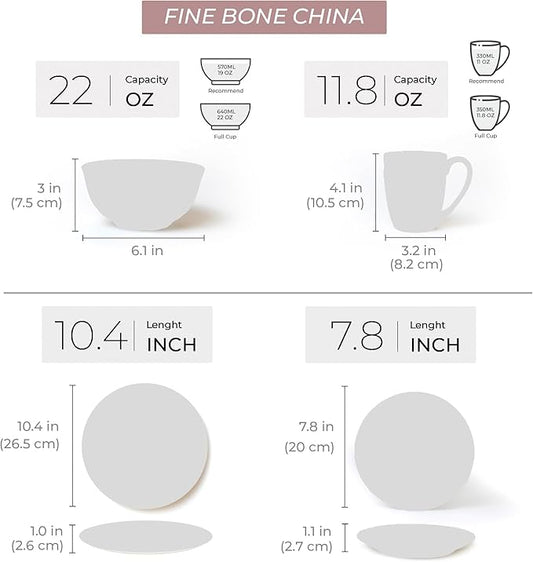 KOKEN Porcelain Dinnerware Set - 16 Pc Round Dinner Set with Mugs, Microwave Safe