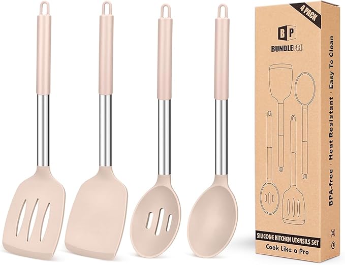 Pack of 4 Silicone Cooking Utensils Set, Non Stick Large Solid Spatulas, Heat Resistant Stainless Steel Khaki Slotted Spoons, Ideal BPA Free Kitchen Turners for Frying, Mixing,Serving,Draining,Turning