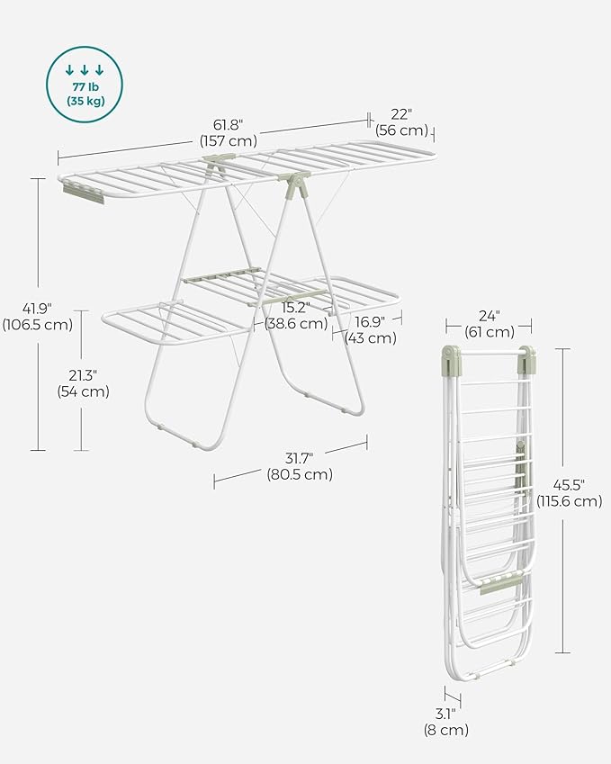 SONGMICS Clothes Drying Rack, Foldable 2-Level Laundry Drying Rack, Free-Standing Laundry Airer, with Height-Adjustable Wings, 33 Drying Rails, Sock Clips, White and Green ULLR053C01V1