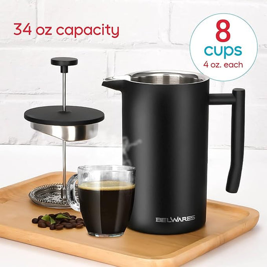 Belwares French Press Coffee Maker 34 Oz - Insulated Coffee Press Stainless Steel 304 - Double Wall & 4 Level Filtration System (1 Liter) - Black