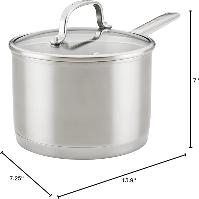 KitchenAid 3-Ply Base Brushed Stainless Steel Sauce Pan/Saucepan with Lid, 3 Quart - Brushed Stainless Steel