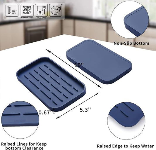 Silicone Kitchen Sink Organizer Tray for Multiple Usage,Eco-Friendly Sponges Holder for Kitchen Bathroom Counter or Sink,Dish Soap Dispenser,Scrubber,Bottle,Cup (Navy Blue, 10"Γ5.3")